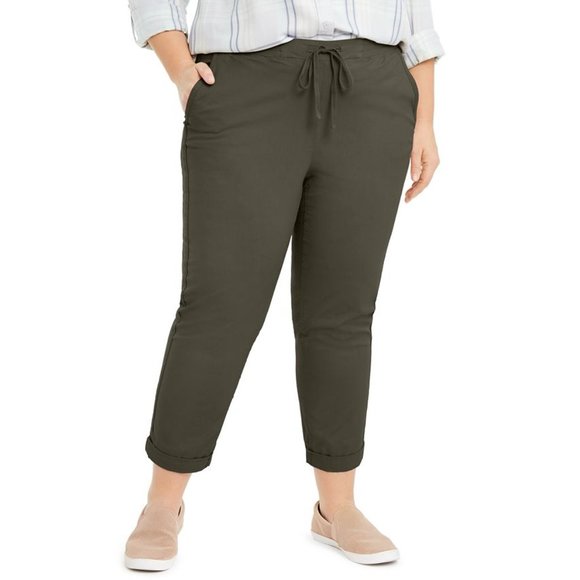 Style & Co. Plus Size Khaki Drawstring Olive Ankle Twill Tape Pants 18W - Picture 1 of 10